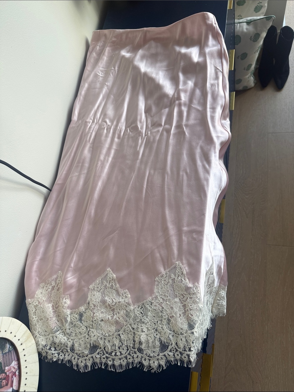 Reformation Blush Satin Slip with Cream Lace Hem